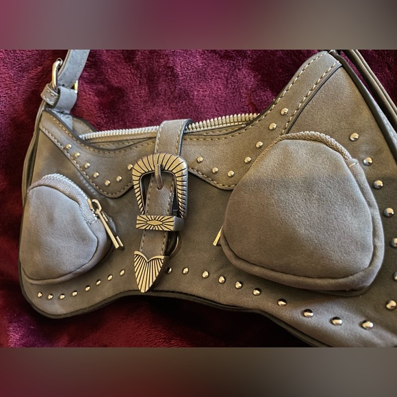 Small gray faux sued bag - zip closure buckle detail w/ front coin pockets - Picture 3 of 5